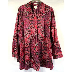 Chicos Blouse Top Size XL Petite Purple Pink Paisley Button Up 3/4 Sleeve Cotton